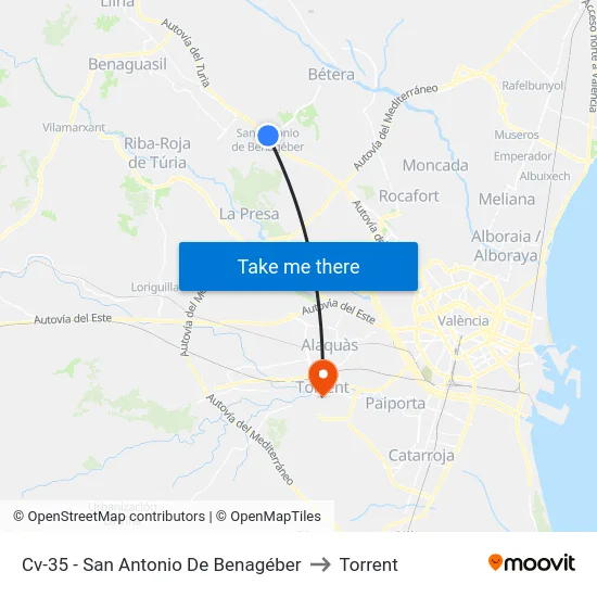 Cv-35 - San Antonio De Benagéber to Torrent map