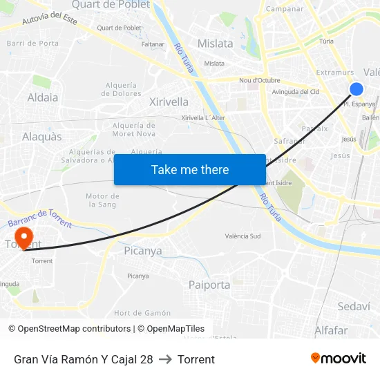 València. Ramón Y Cajal (Parell) - Jesús to Torrent map