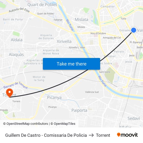Guillem De Castro - Comissaria De Policia to Torrent map