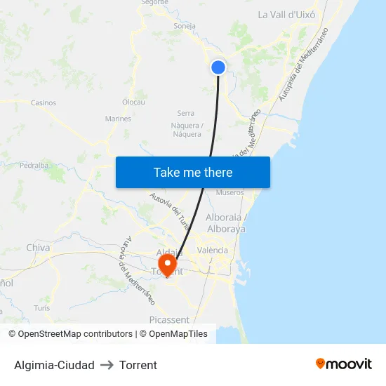Algimia-Ciudad to Torrent map