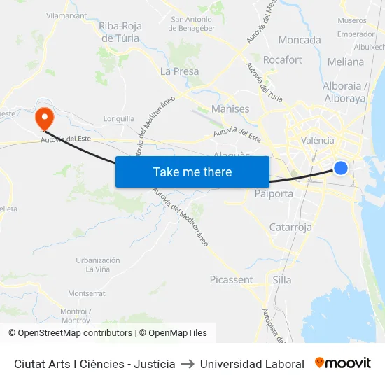 Ciutat Arts I Ciències - Justícia to Universidad Laboral map