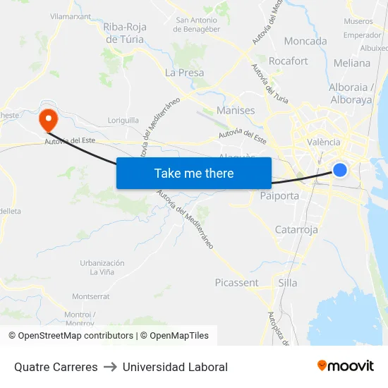 Quatre Carreres to Universidad Laboral map