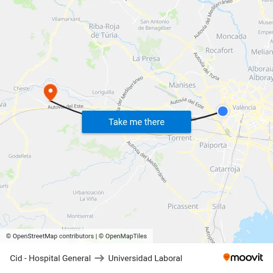 Cid - Hospital General to Universidad Laboral map