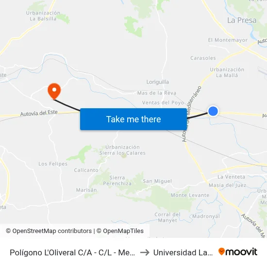 Polígono L'Oliveral C/A - C/L - Mercadona to Universidad Laboral map