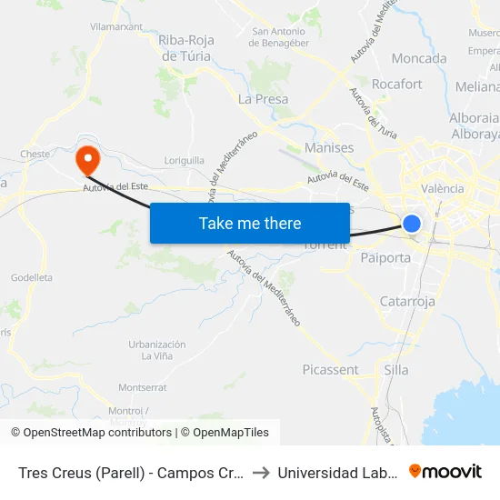 Tres Creus (Parell) - Campos Crespo to Universidad Laboral map