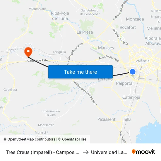 Tres Creus (Imparell) - Campos Crespo to Universidad Laboral map