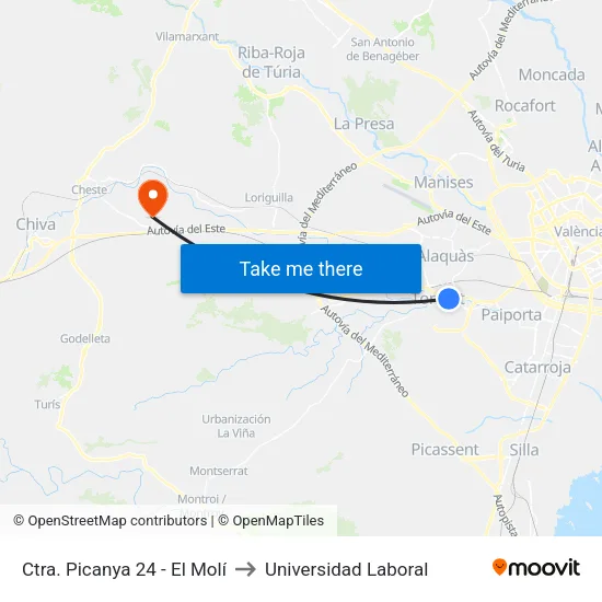 Torrent. Ctra. Picanya 24 (El Molí) to Universidad Laboral map