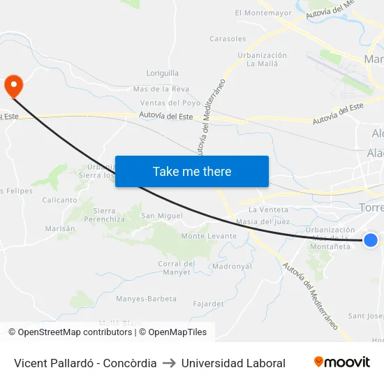 Vicente Pallardó - Concordia to Universidad Laboral map