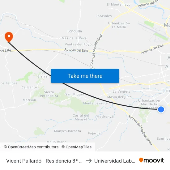 Vicent Pallardó - Residencia 3ª Edad to Universidad Laboral map