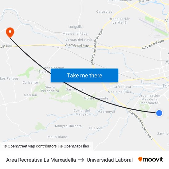 Área Recreativa La Marxadella to Universidad Laboral map