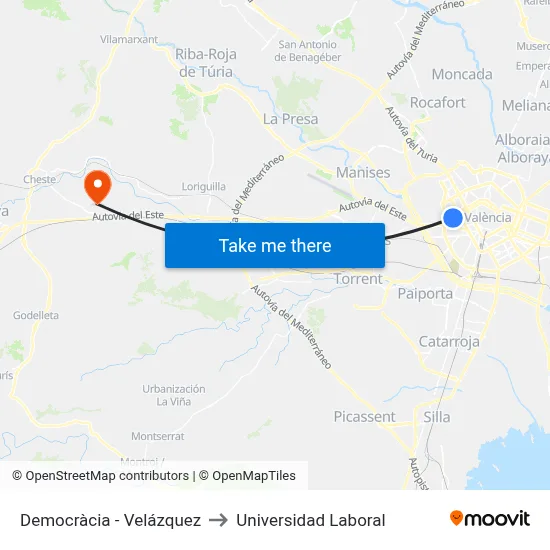 Democràcia - Velázquez to Universidad Laboral map