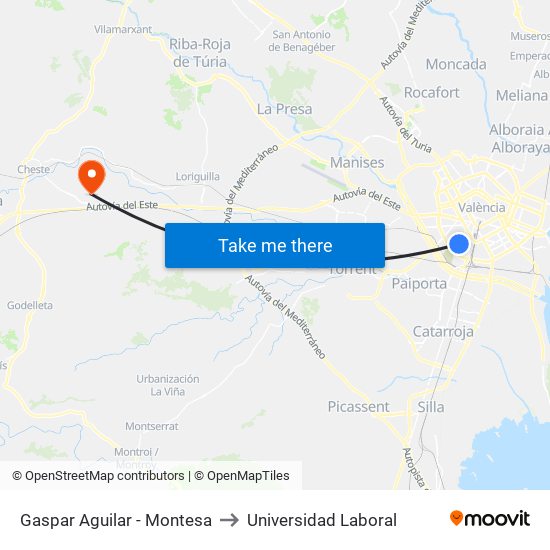 Gaspar Aguilar - Montesa to Universidad Laboral map