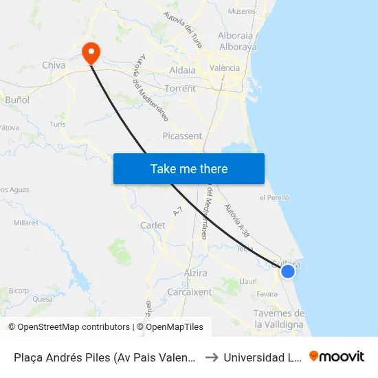 Plaça Andrés Piles (Av Pais Valencià) [Cullera] to Universidad Laboral map