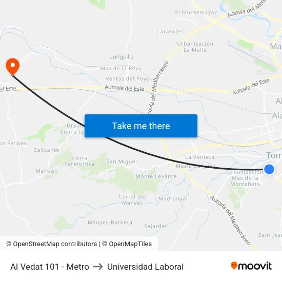 Torrent. Al Vedat 101 (Metro) to Universidad Laboral map