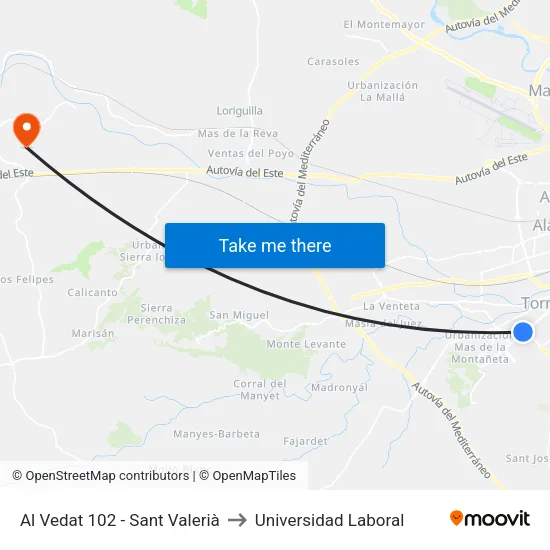 Torrent. Al Vedat 102 (Sant Valerià) to Universidad Laboral map
