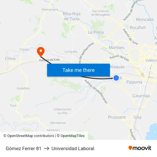 Torrent. Dr. Gómez Ferrer 81 to Universidad Laboral map