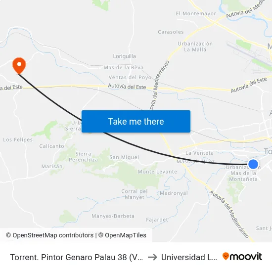 Torrent. Pintor Genaro Palau 38 (Villa Carmen) to Universidad Laboral map