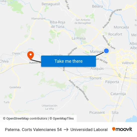 Paterna. Corts Valencianes 54 to Universidad Laboral map