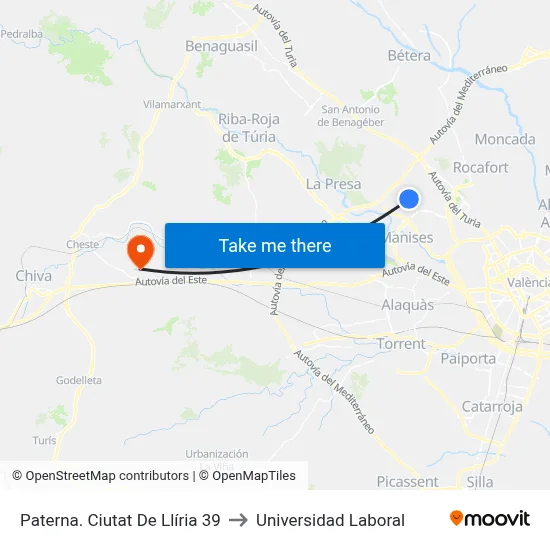 Paterna. Ciutat De Llíria 39 to Universidad Laboral map