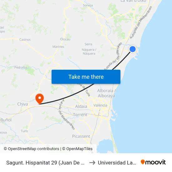 Sagunt. Hispanitat 29 (Juan De Austria) to Universidad Laboral map
