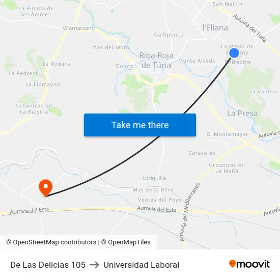 De Las Delicias 105 to Universidad Laboral map
