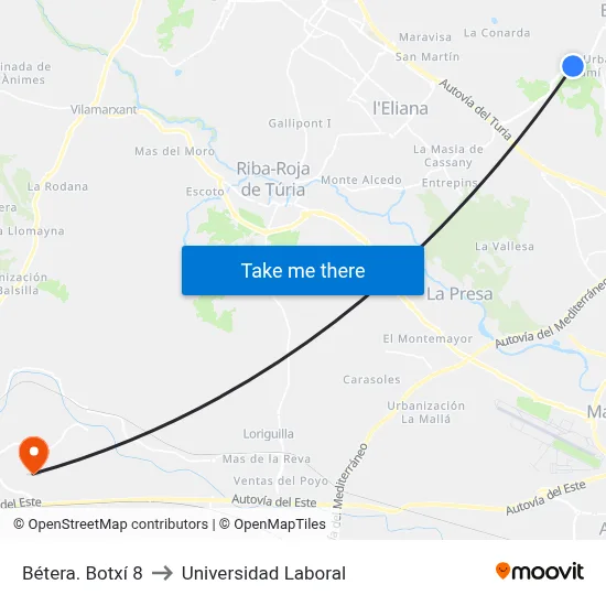 Bétera. Botxí 8 to Universidad Laboral map