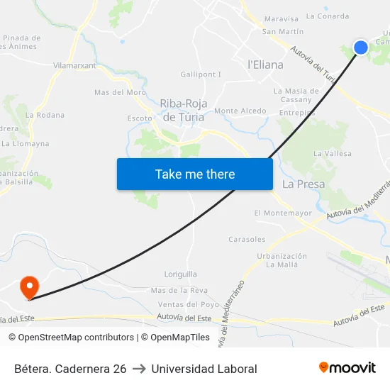 Bétera. Cadernera 26 to Universidad Laboral map