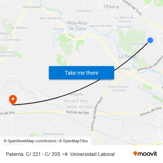 Paterna. C/ 221 - C/ 205 to Universidad Laboral map