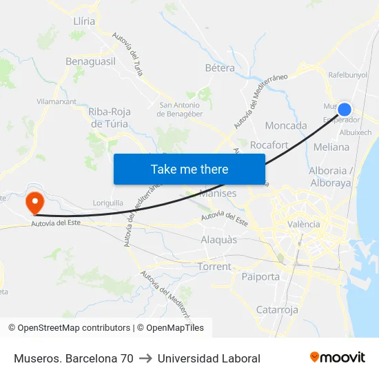 Museros. Barcelona 70 to Universidad Laboral map