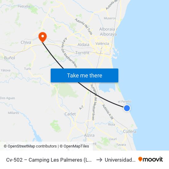 Cv-502 – Camping Les Palmeres (Les Palmeres) [Sueca] to Universidad Laboral map