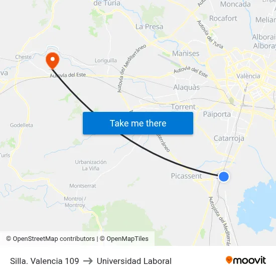Silla. Valencia 109 to Universidad Laboral map