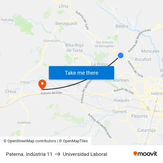 Paterna. Indústria 11 to Universidad Laboral map