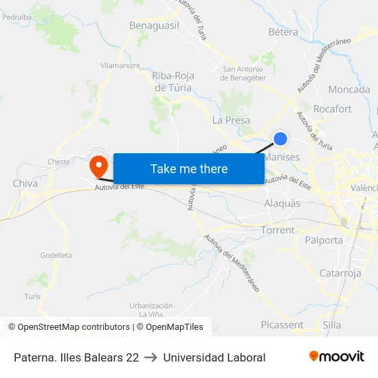 Paterna. Illes Balears 22 to Universidad Laboral map