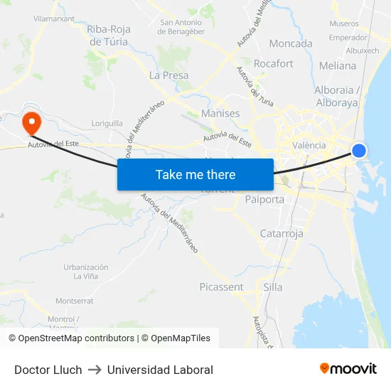 Doctor Lluch to Universidad Laboral map