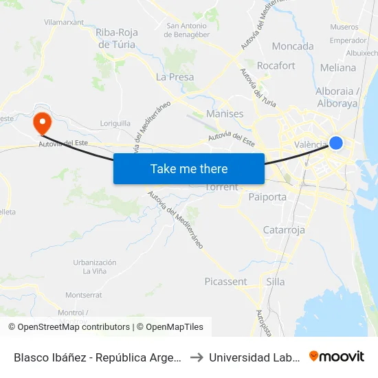 Blasco Ibáñez - República Argentina to Universidad Laboral map