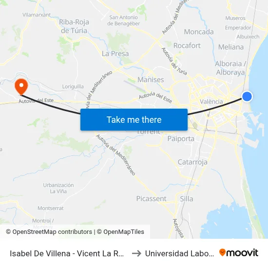 Isabel De Villena - Vicent La Roda to Universidad Laboral map