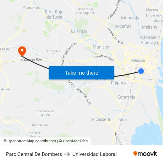 Parc Central De Bombers to Universidad Laboral map