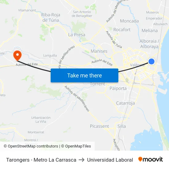 Tarongers - Metro La Carrasca to Universidad Laboral map