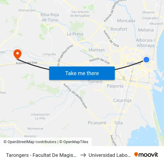 Tarongers - Facultat De Magisteri to Universidad Laboral map