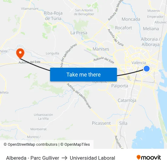 Albereda - Parc Gulliver to Universidad Laboral map