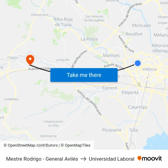 Mestre Rodrigo - General Avilés to Universidad Laboral map