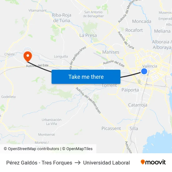 Pérez Galdós - Tres Forques to Universidad Laboral map