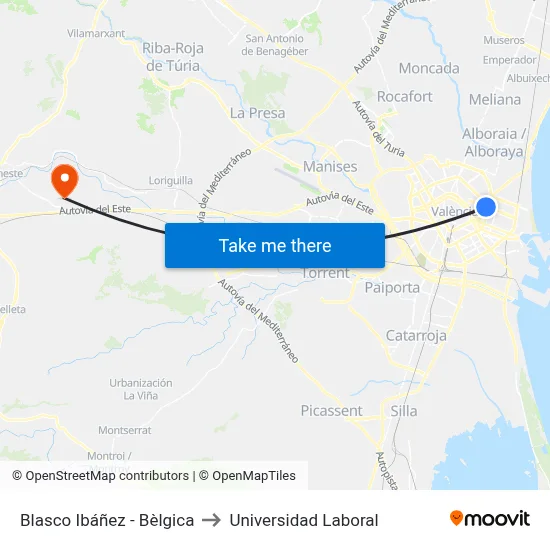 Blasco Ibáñez - Bèlgica to Universidad Laboral map