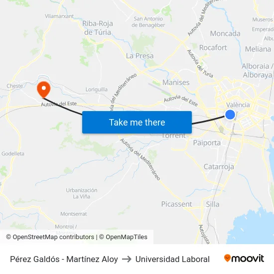 Pérez Galdós - Martínez Aloy to Universidad Laboral map