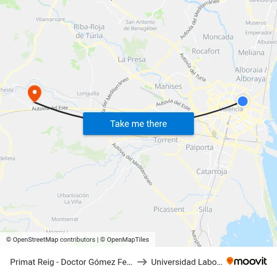 Primat Reig - Doctor Gómez Ferrer to Universidad Laboral map