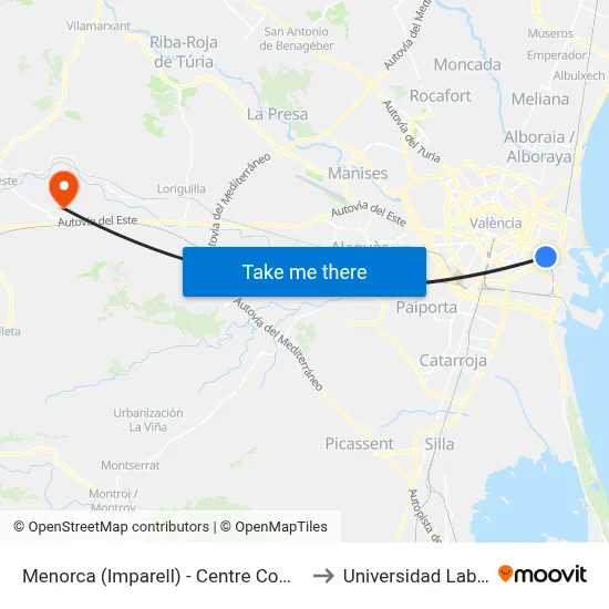 Menorca (Imparell) - Centre Comercial to Universidad Laboral map