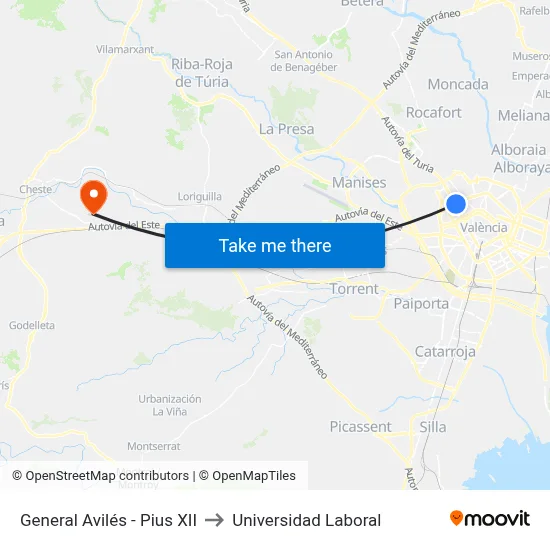 General Avilés - Pius XII to Universidad Laboral map