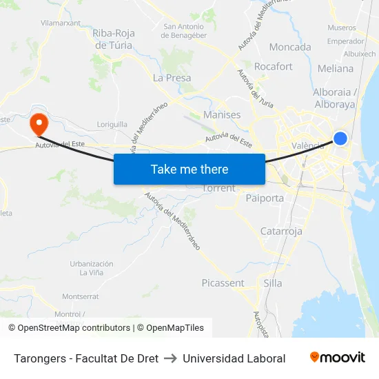 Tarongers - Facultat De Dret to Universidad Laboral map