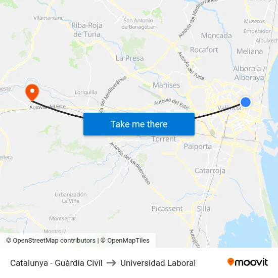 Catalunya - Guàrdia Civil to Universidad Laboral map