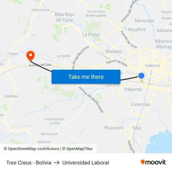 Tres Creus - Bolívia to Universidad Laboral map